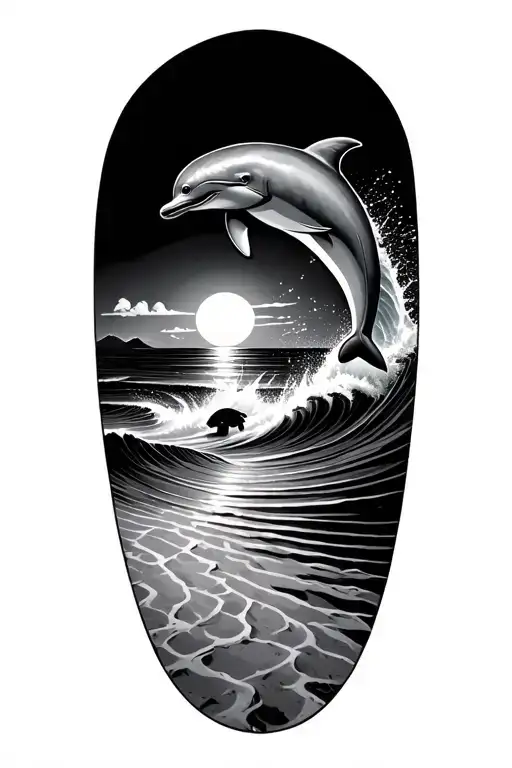 Dolphin jumping in the ocean wave crashing with sandy turtle tracks heading to the ocean with a sunset  tattoo design idea