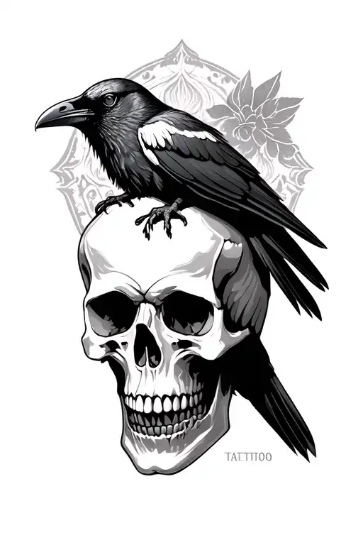 neo traditional dark blackwork raven on a human skull tattoo design idea