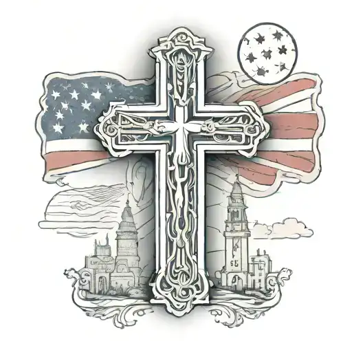 Outline of staten island, with the faded American flag background. With a catholic cross tattoo design idea