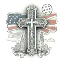 Outline of staten island, with the faded American flag background. With a catholic cross tattoo design idea