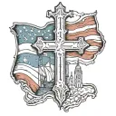 Outline of staten island, with the faded American flag background. With a catholic cross tattoo design idea