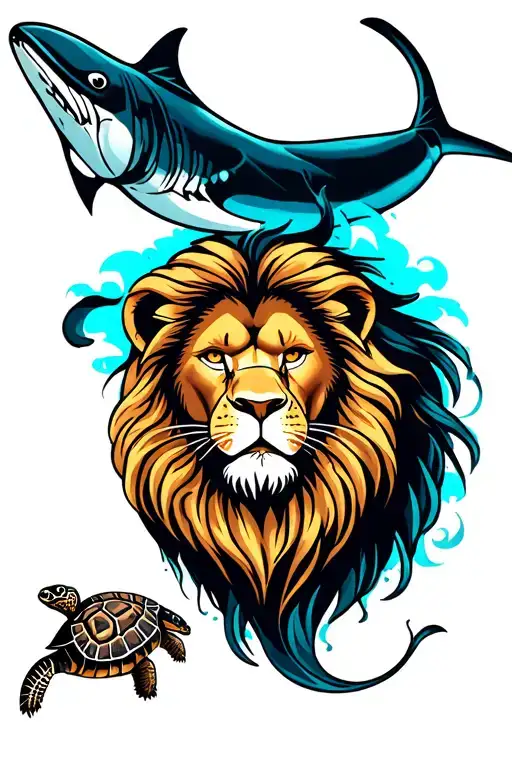 polynesian full sleeve on calf. lion as the main character of the tattoo. turtle on left side lion, manta ray on right tattoo design idea