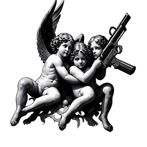 3 cupids holding a gun tattoo design idea