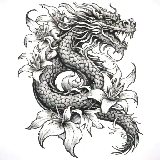 chines dragon and a lily flowers growing tattoo design idea