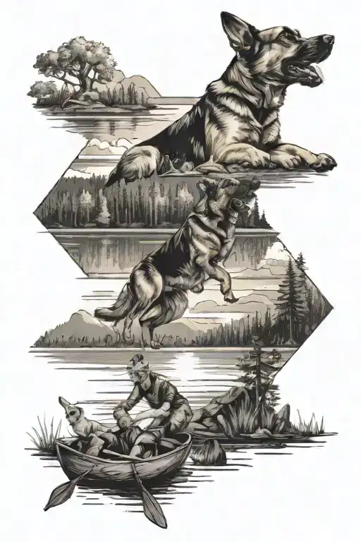 camping scene on a lake with a man throwing a toy to a german shepard jumping into the lake tattoo design idea