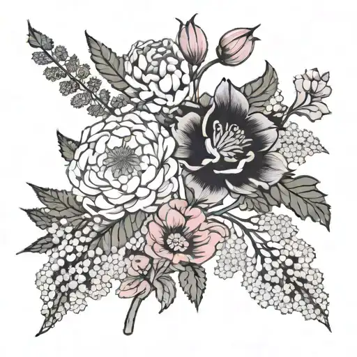 queen Anne's lace, yarrow, tulip and ivy tattoo design idea