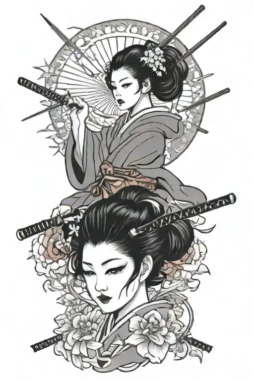 geisha holding two swords crossed tattoo design idea