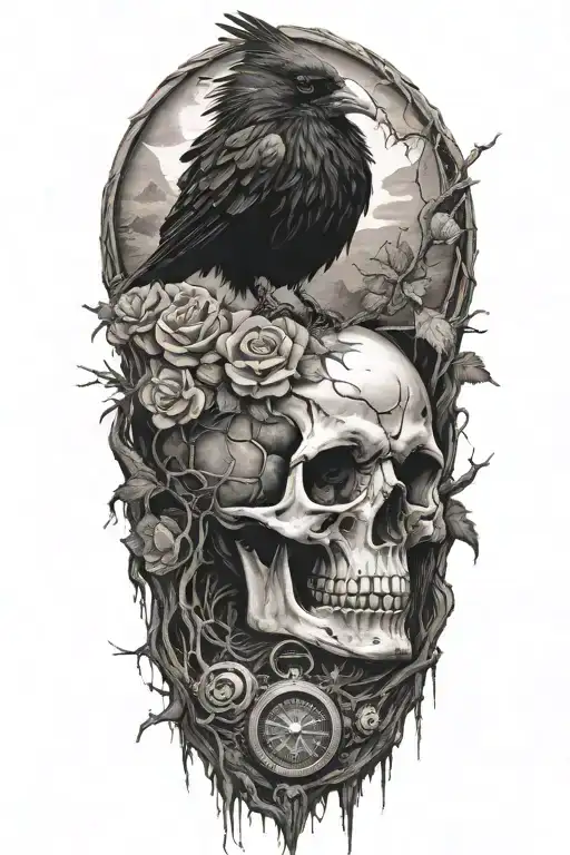skull, raven eating flesh of a skull,  a rose, tree beach nest mixed, 1 hour glass and 1 compass dark death tattoo design idea