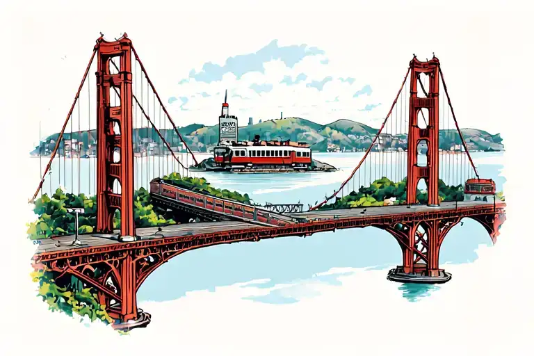 golden gates bridge with Alcatraz island and a old tramway front tattoo design idea