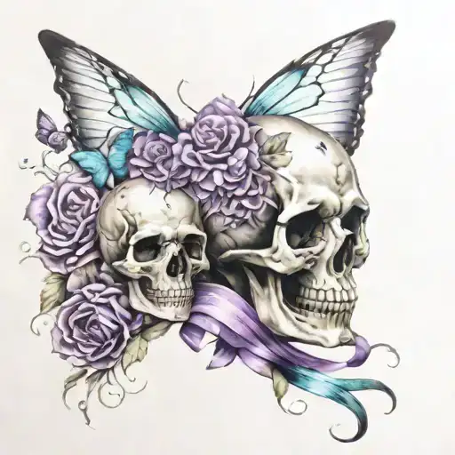 Angel surrounded by flowers and butterflies holding skull with purple and teal ribbons tattoo design idea