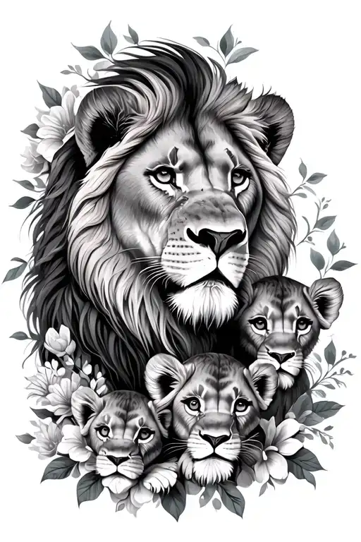 female lion And 3 Cubs with flowers wrapped tattoo design idea