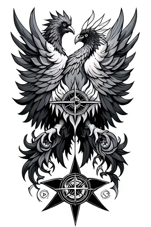 The combination of peer, phoenix, infinity, third eye, lotus and Viking compass tattoo design idea
