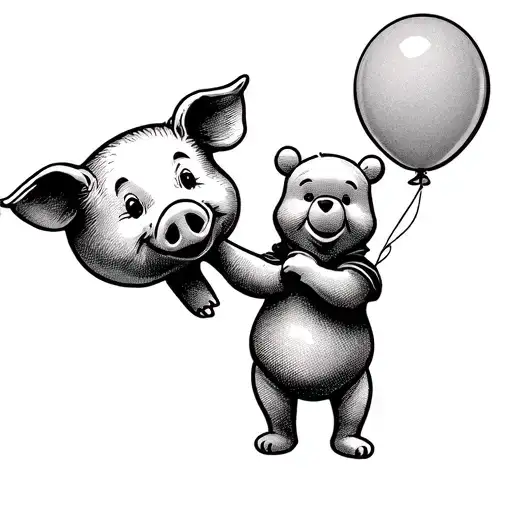 Winnie the Pooh holding a balloon made of a piglet inflated in color without outlines tattoo design idea