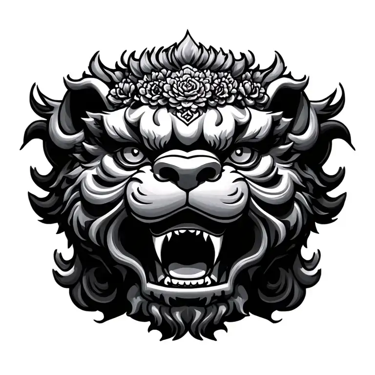 3 headed foo dog with budda tattoo design idea