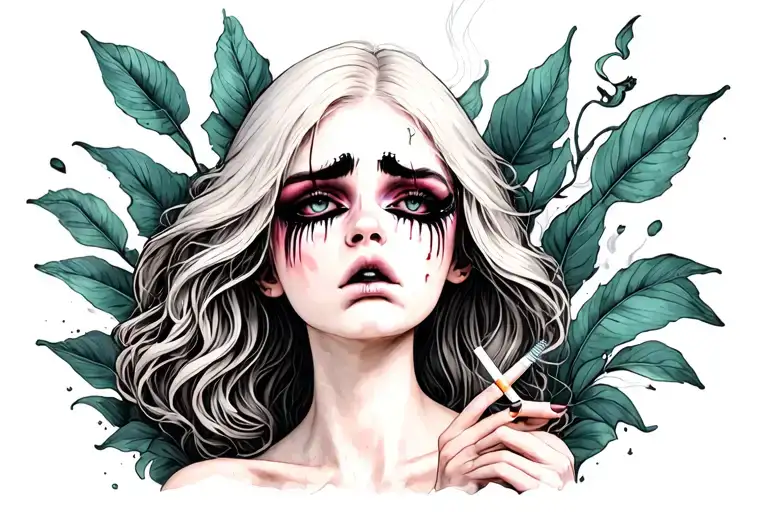 sexy, pale girl crying with mascara on.  wearing little to no clothing, smoking a cigarette. standing in a pudle tattoo design idea