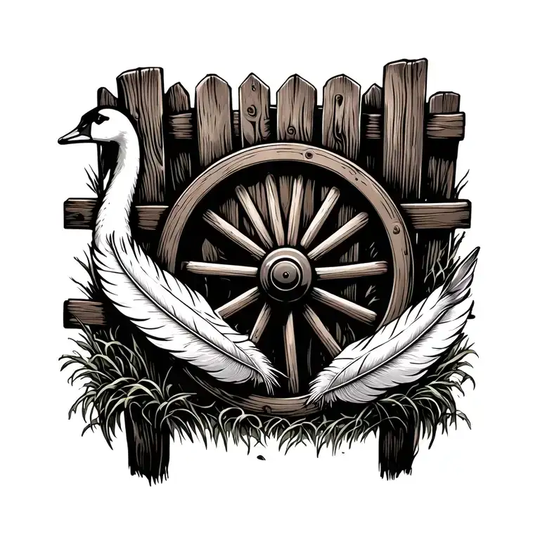 wagon wheel leaning against a fence with swan feathers around it tattoo design idea