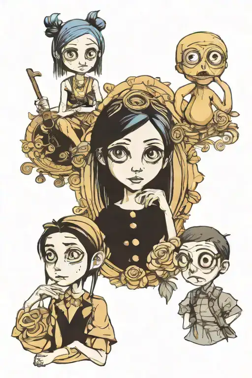 Coraline see no evil with button eyes, Wybie speak no evil, Emily corspes bride hear no evil tattoo design idea