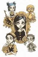 Coraline see no evil with button eyes, Wybie speak no evil, Emily corspes bride hear no evil tattoo design idea
