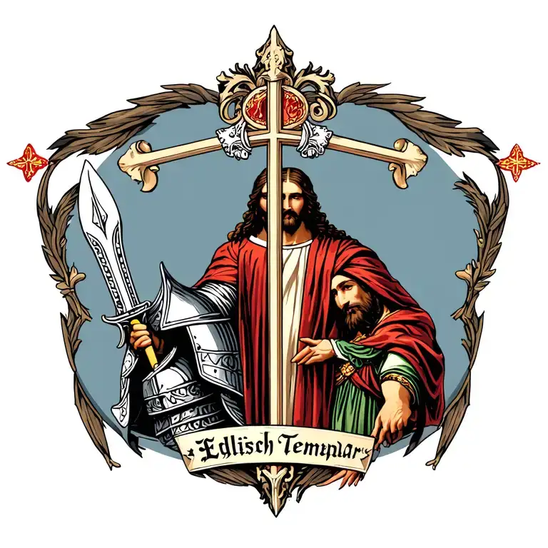 english templar knight one side and samuri the other side, with jesus christ in the middle tattoo design idea