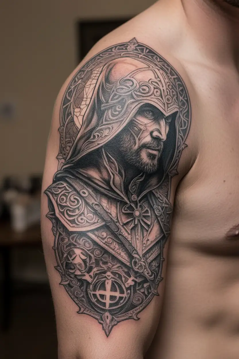 A realistic portrait of Ezio Auditore from Assassins Creed, surrounded by iconic symbols from the game tattoo design idea