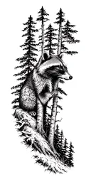Full forest landscape with raccoon side profile emerging from the top of the trees tattoo design idea