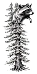 Full forest landscape with raccoon side profile emerging from the top of the trees tattoo design idea