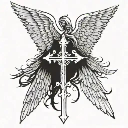 cross with one angel wing and the other devil wing  tattoo design idea