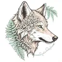 wolf head facing sideways with ferns sprouting around it  tattoo design idea