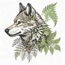 wolf head facing sideways with ferns sprouting around it  tattoo design idea