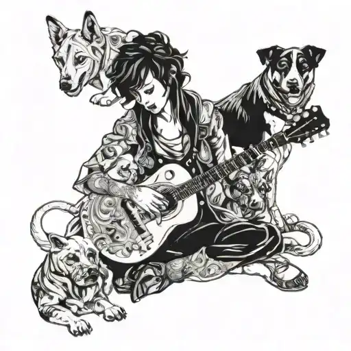 A fierce warrior mother playing a guitar surrounded by loyal dogs tattoo design idea