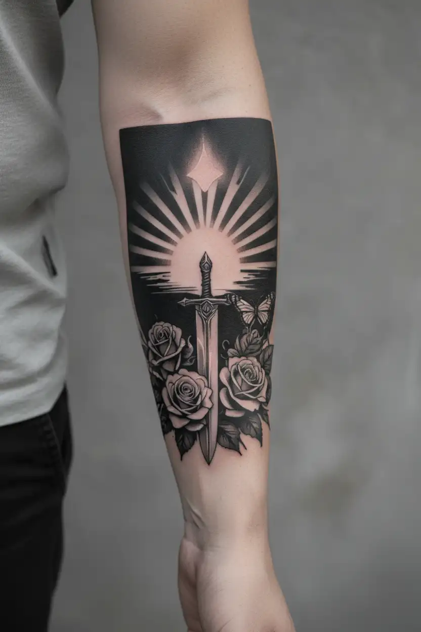 tattoo with a sunrise with rays going up, roses, a butterfly, a sword tattoo design idea