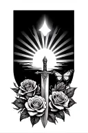 tattoo with a sunrise with rays going up, roses, a butterfly, a sword tattoo design idea