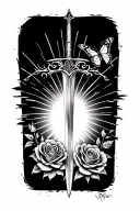 tattoo with a sunrise with rays going up, roses, a butterfly, a sword tattoo design idea