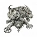 dragon + tiger with child eyes behind tattoo design idea