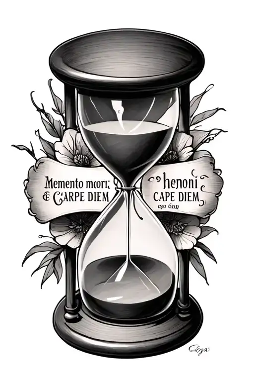 Forearm tattoo depicting a hourglass with the quote “memento mori, ergo carpe diem” tattoo design idea