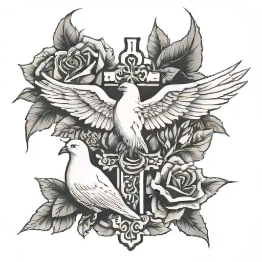 dove and roses with a cross  tattoo design idea