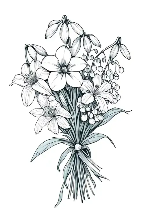 Bouquet containing the following flowers; Snowdrop, Iris, Lily of the Valley, Honeysuckle, Morning glory, Narcissus tattoo design idea