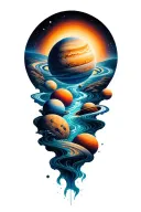 a universe with alot of planets flowing down, the planets are inside the river tattoo design idea