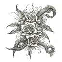 A surreal composition of intertwining snakes and feathers forming intricate patterns with a touch of roses tattoo design idea