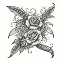 A surreal composition of intertwining snakes and feathers forming intricate patterns with a touch of roses tattoo design idea