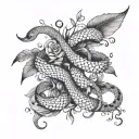 A surreal composition of intertwining snakes and feathers forming intricate patterns with a touch of roses tattoo design idea