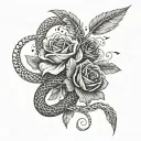 A surreal composition of intertwining snakes and feathers forming intricate patterns with a touch of roses tattoo design idea
