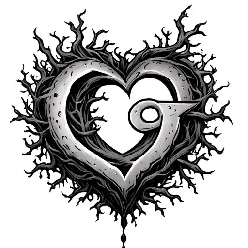 Letter G in heart shape, Neo Traditional style tattoo with roots coming out of the cut skin and infinity symbol tattoo design idea