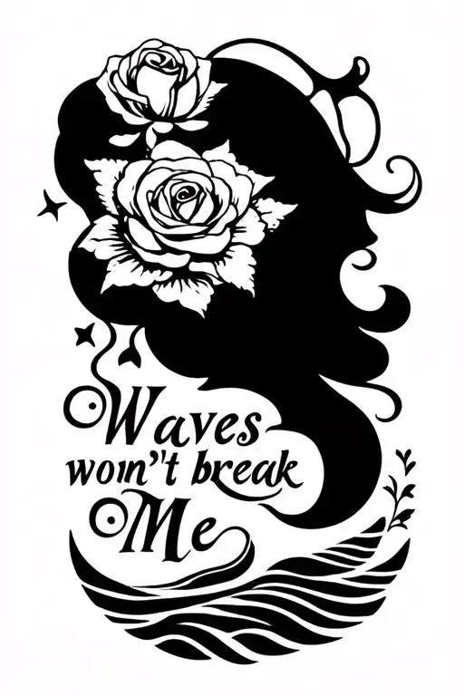 words "Waves won’t break me” waves, ship, anchor, female skeleton, rose tattoo design idea
