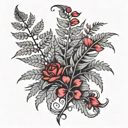 fern plant with red hearts and purple flowers growing tattoo design idea