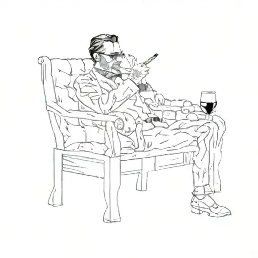 man sitting in a armchair smoking a cigar and with a glass of whiskey next to him in a small table. tattoo design idea