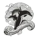 palm tree, ocean wave, dolphin jumping tattoo design idea