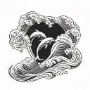 palm tree, ocean wave, dolphin jumping tattoo design idea