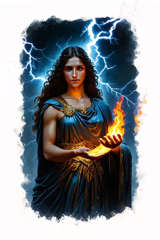 Greek goddess with lightning and fire in her hands and in the background tattoo design idea