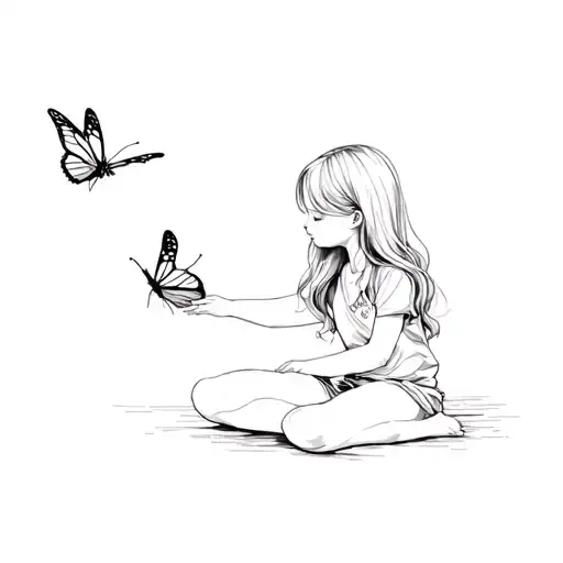 little girl sitting with knees up with butterfly near her outstretched hand while another butterfly lands on her head tattoo design idea